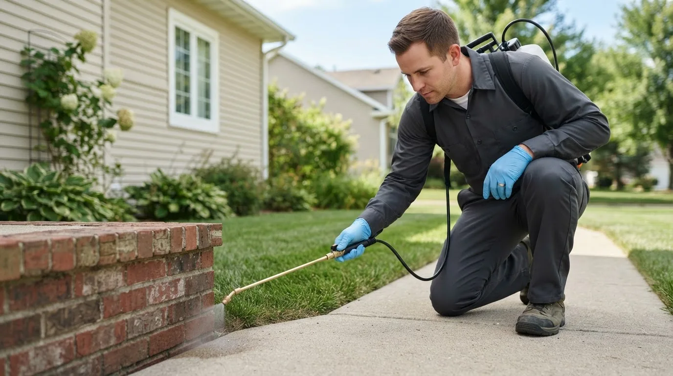 Pest control technician treating a home near White River Junction, VT